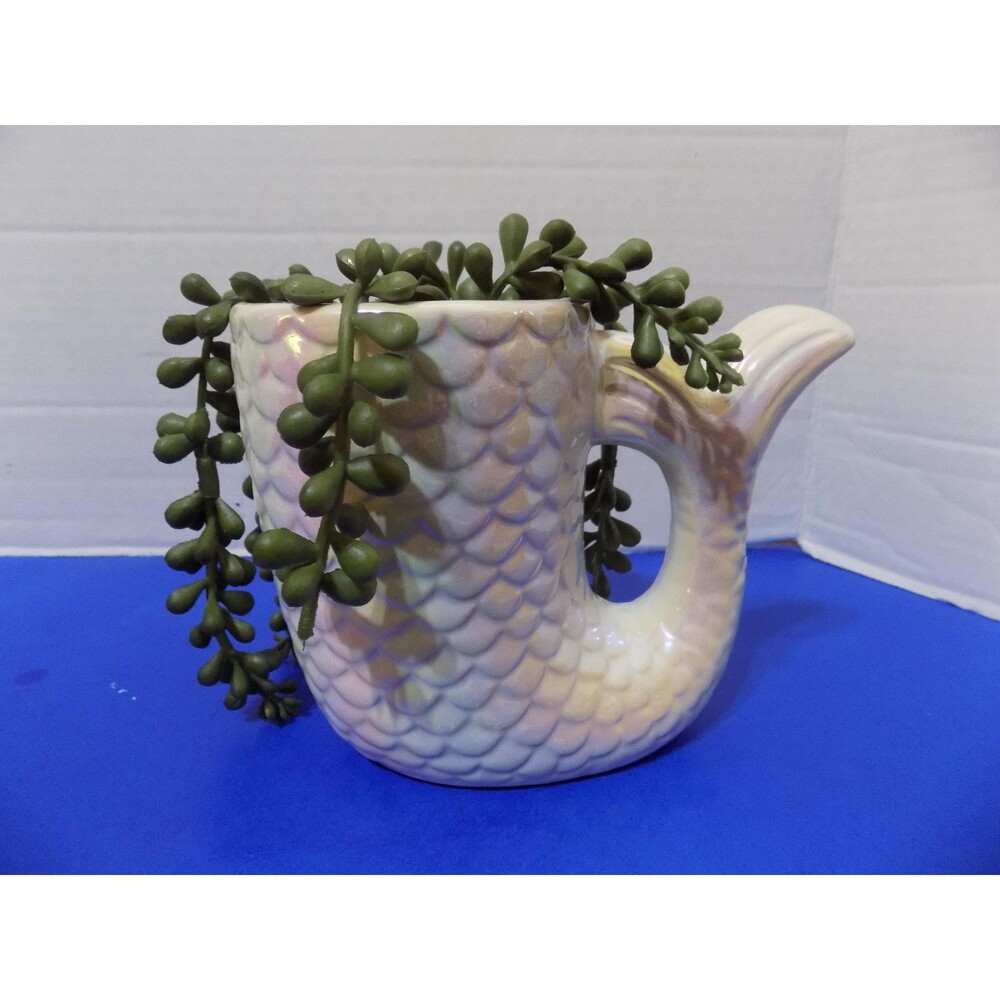 NEW Mermaid Tail & Faux Plant Figurine Statue Coastal Nautical Decor
